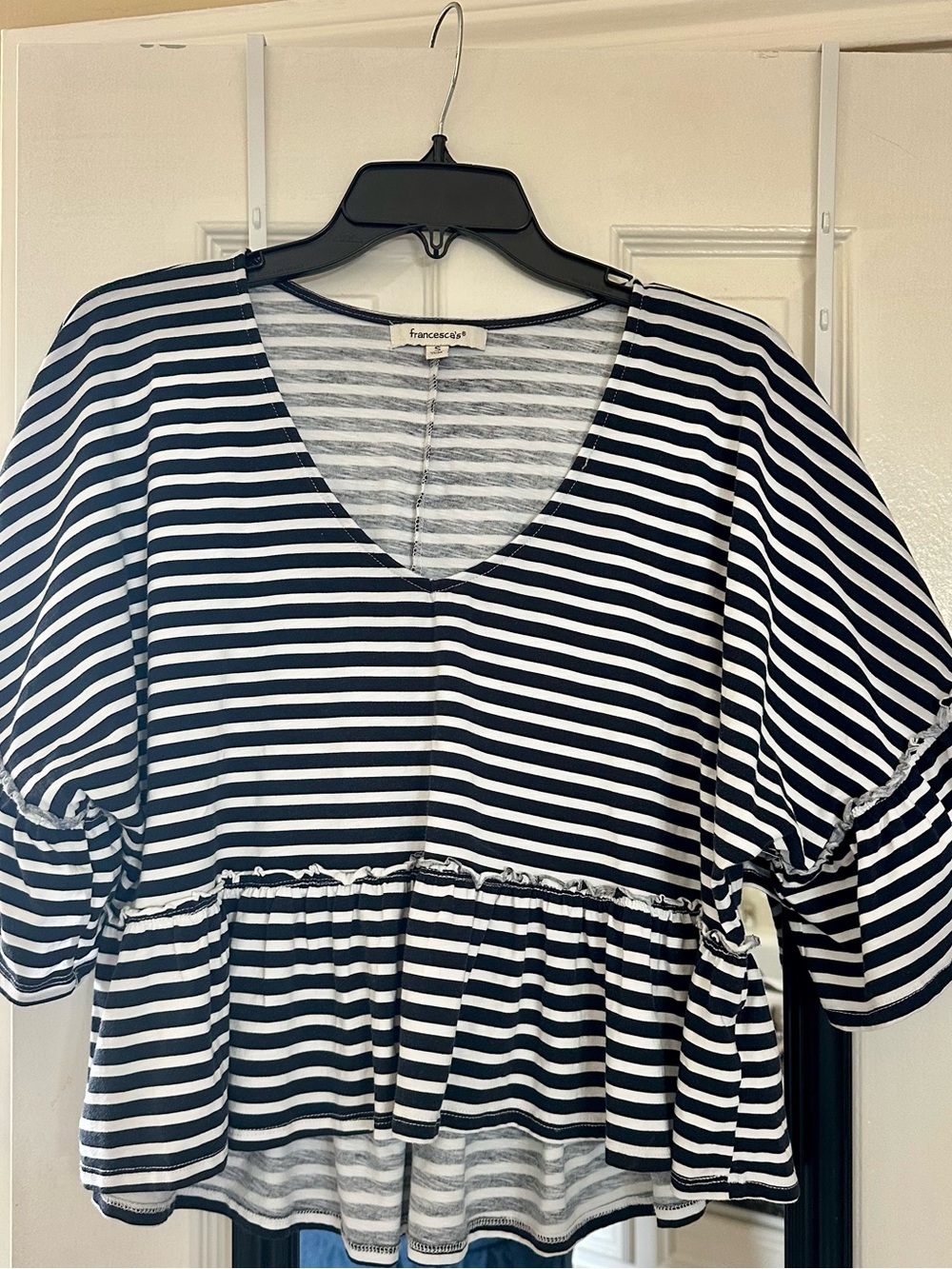 Francesca's Collections Black & White Striped V-Neck Peplum Tunic